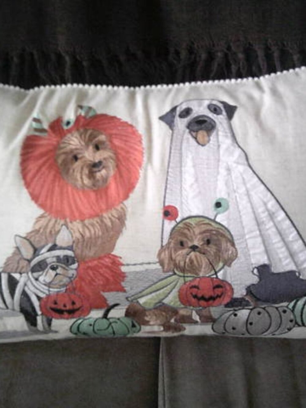 PIER 1 ONE FALL HALLOWEEN PLUSH EMBROIDERED LUMBAR PILLOW DOG PARADE 22" NWOT 🎃